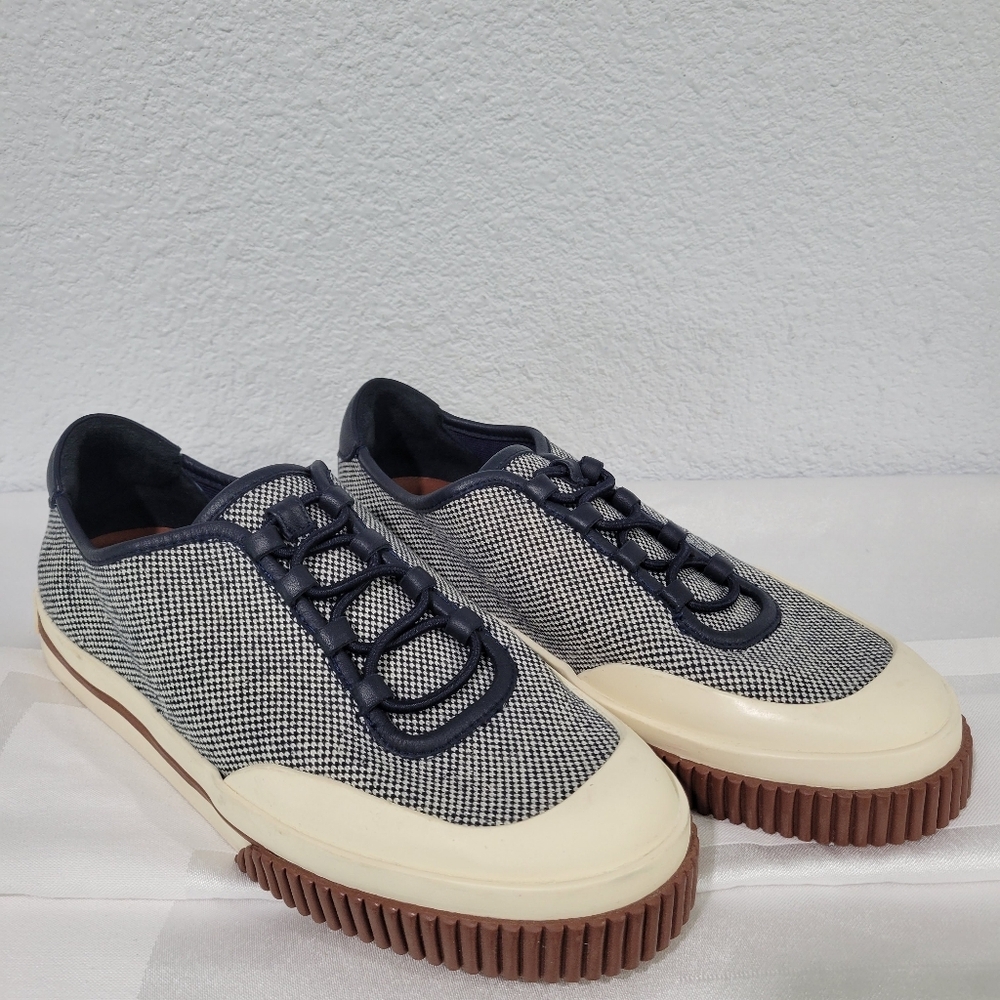 Loro Piana Cream Navy Canvas Leather Low Top Sneakers Size EU 38